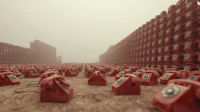 a group of red telephones stacked on top of each other
