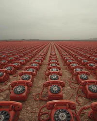 a field of red telephones in the desert
